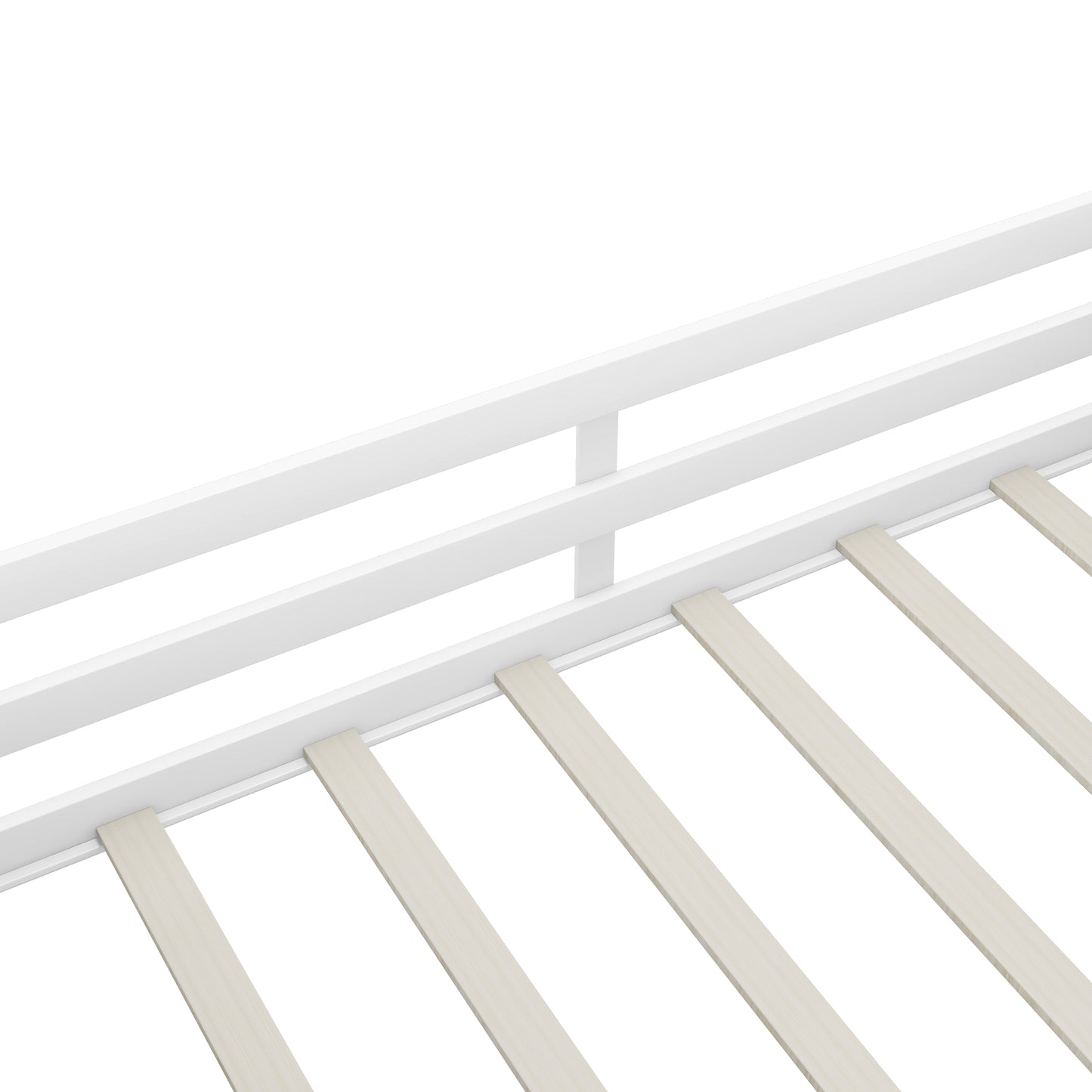 White metal bed frame with natural wood slats
