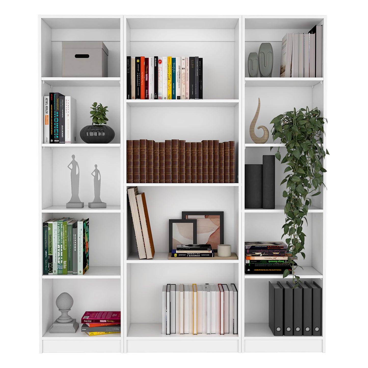 Gray lidded storage box on a white shelf