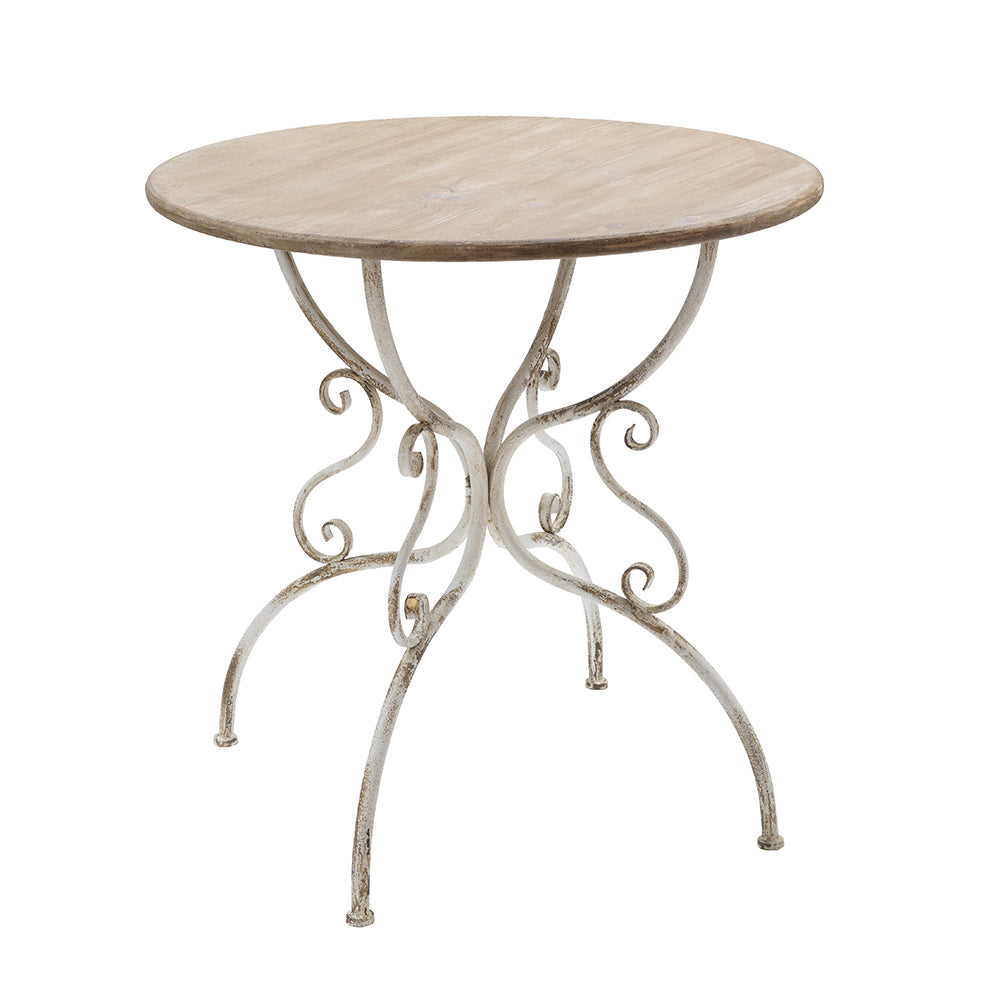 Distressed white wrought iron bistro table with a distressed wood top