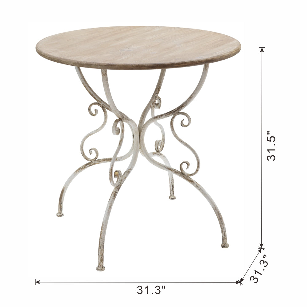 Round distressed wood bistro table with ornate white metal base