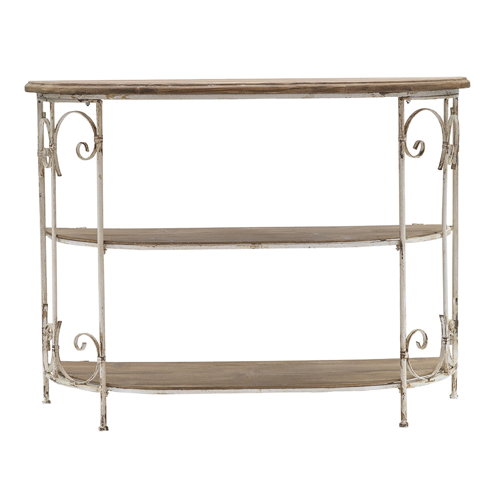 Curved distressed white metal console table with two wooden shelves