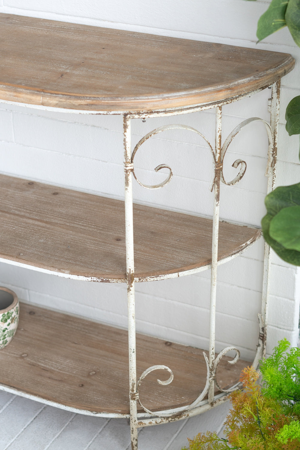Distressed white metal and wood tier halfmoon shelf for entryway display