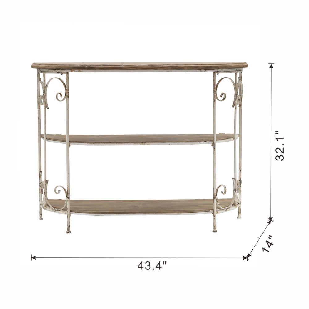 Distressed white metal console table with two wooden shelves