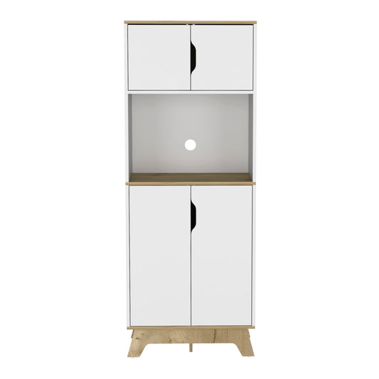 White and wood grain kitchen storage cabinet with open shelf