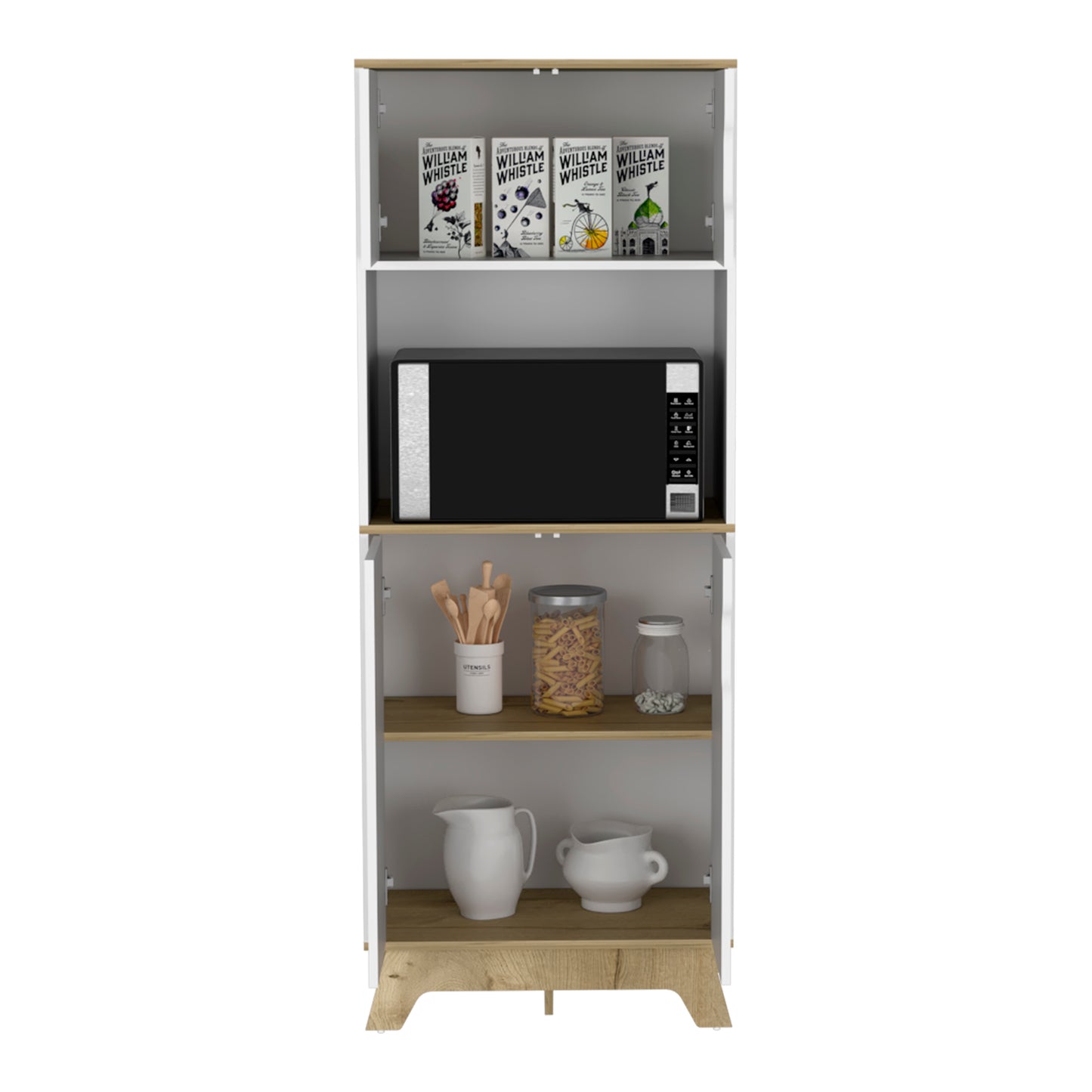 Tall white kitchen cabinet with microwave and shelves of pantry items