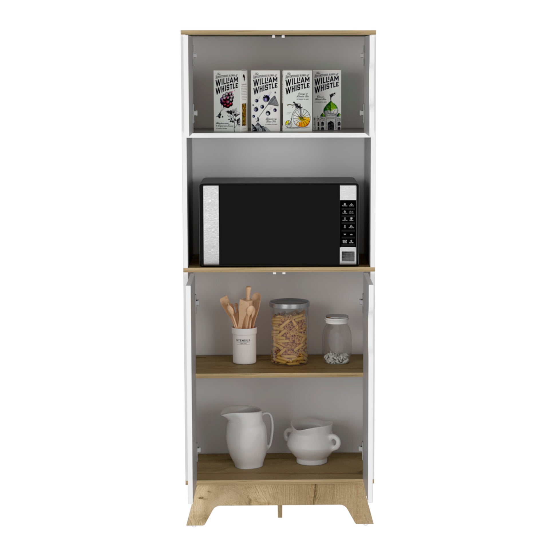 Tall white kitchen cabinet with microwave and shelves of pantry items