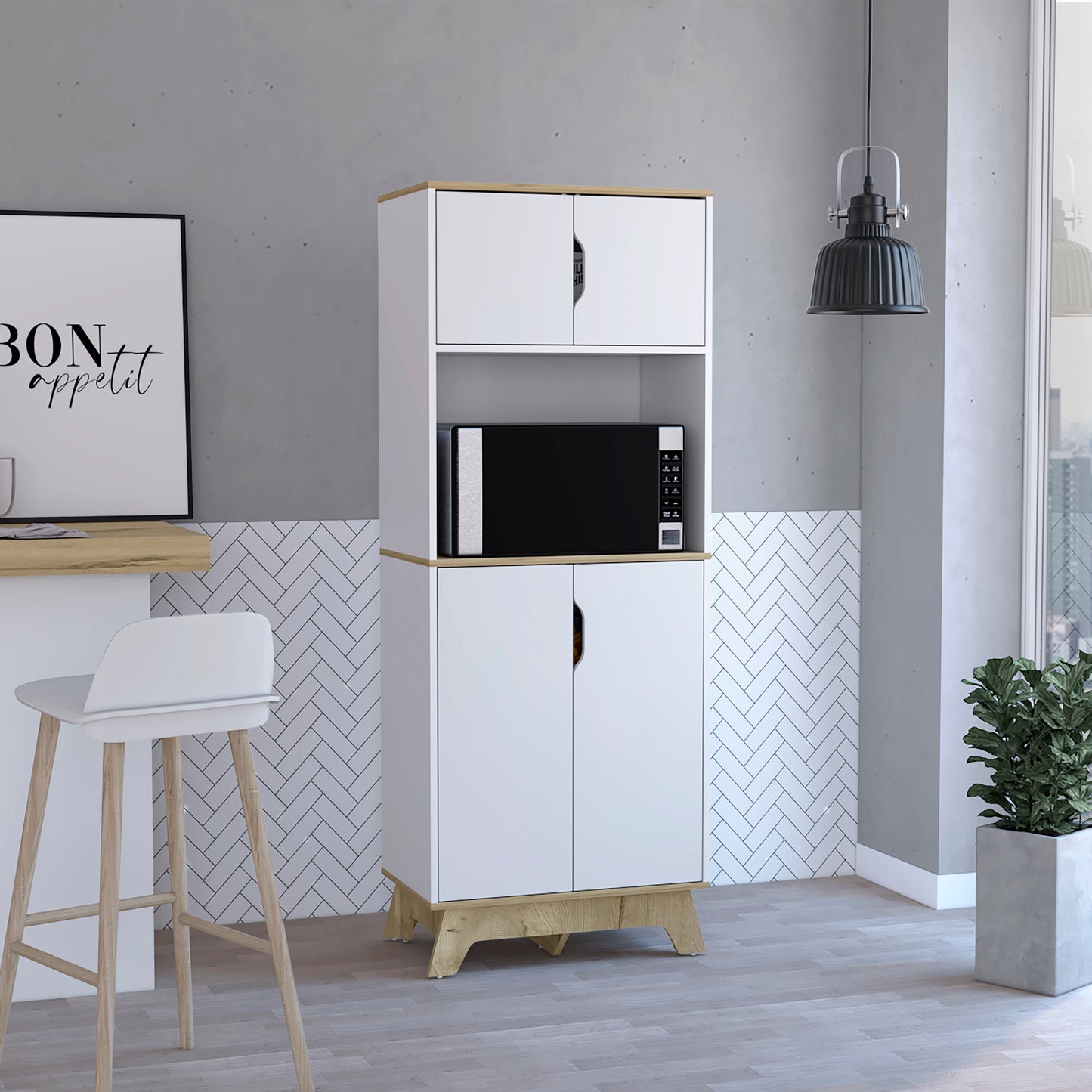 White and wood kitchen hutch with microwave shelf