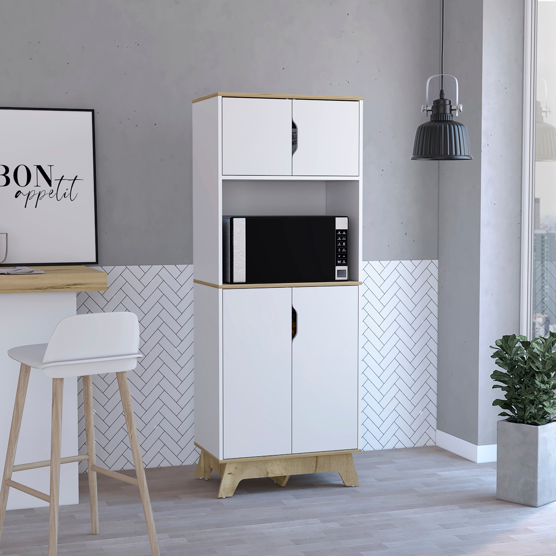 White and wood kitchen hutch with microwave shelf