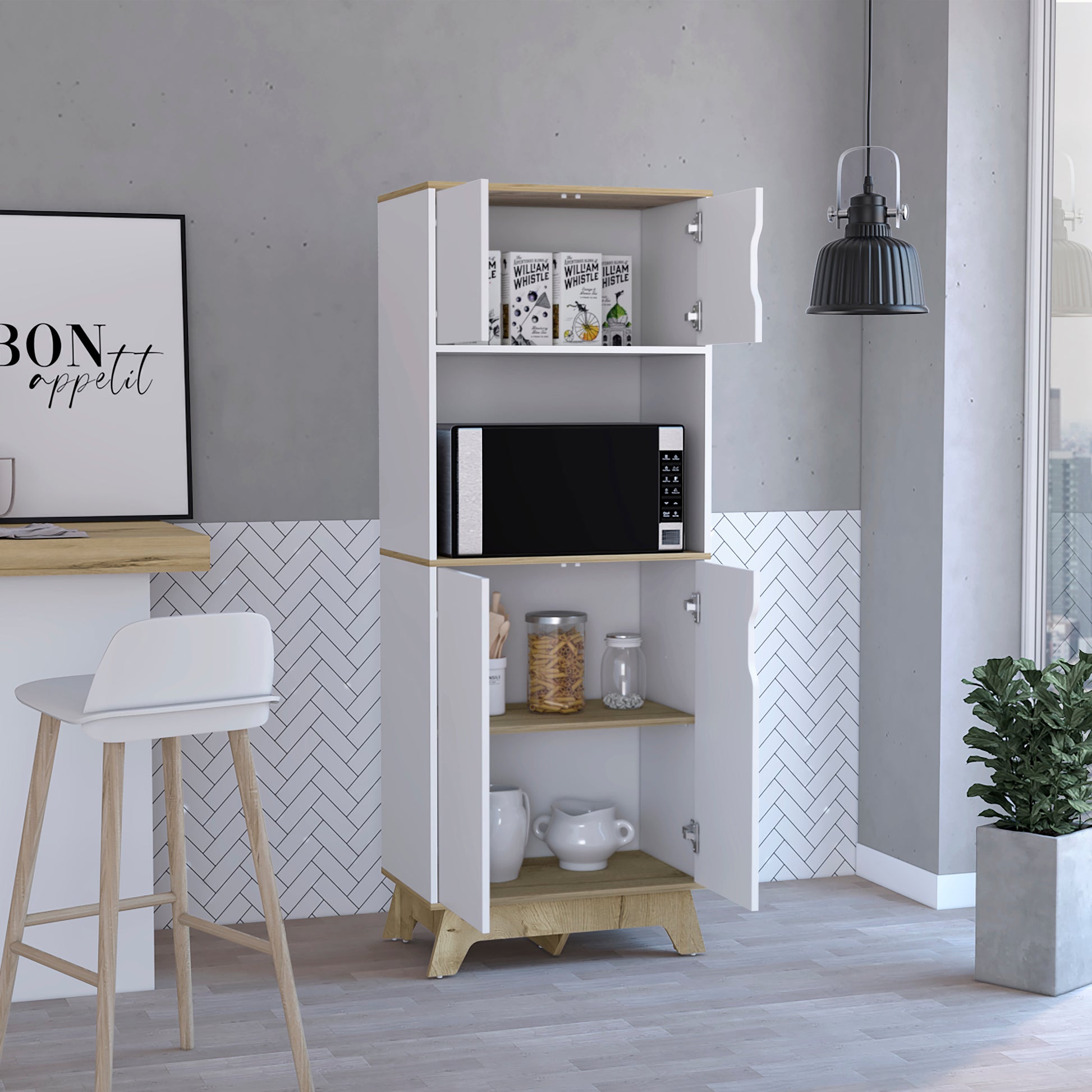White and oak kitchen cabinet with microwave