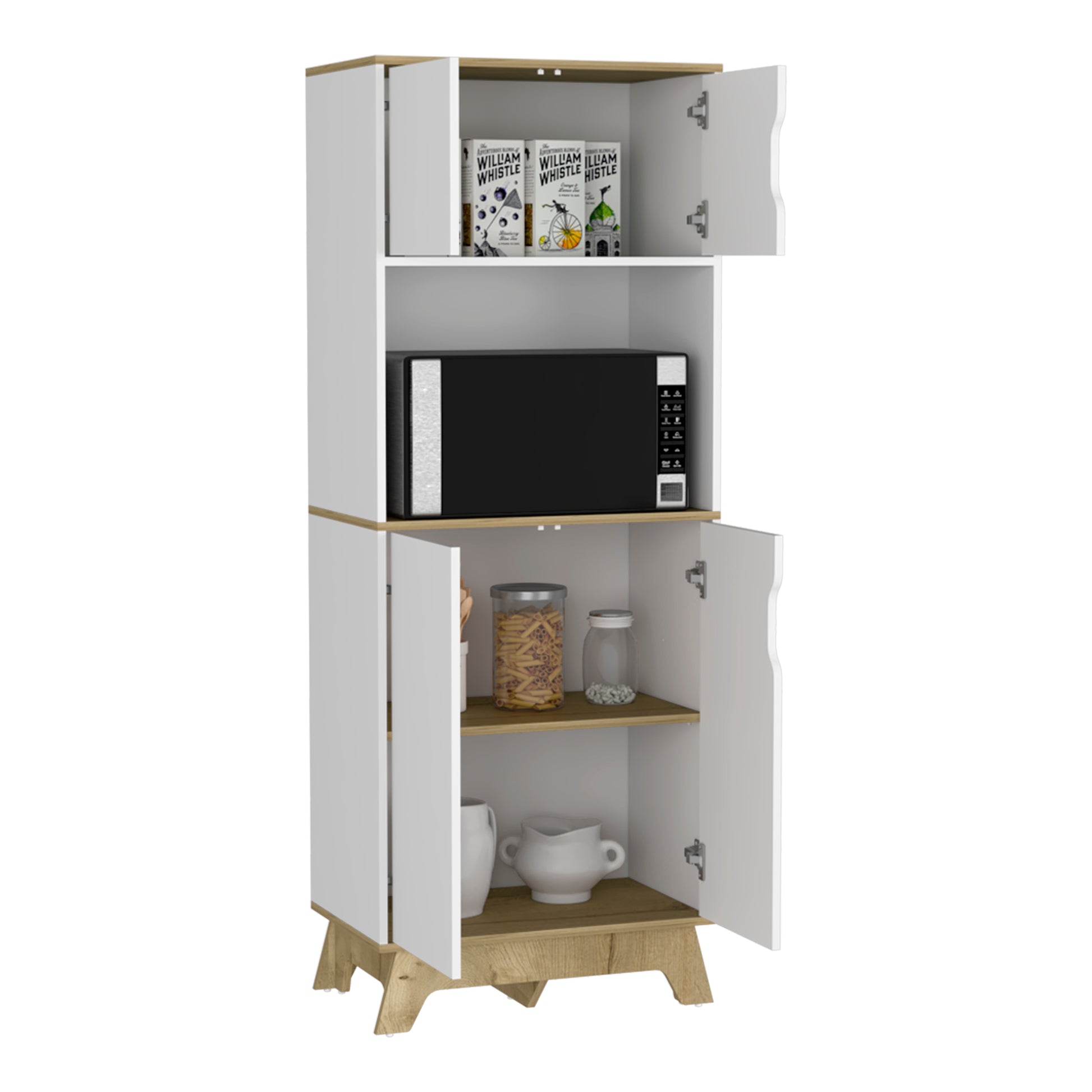 White and oak modern kitchen cabinet with microwave shelf