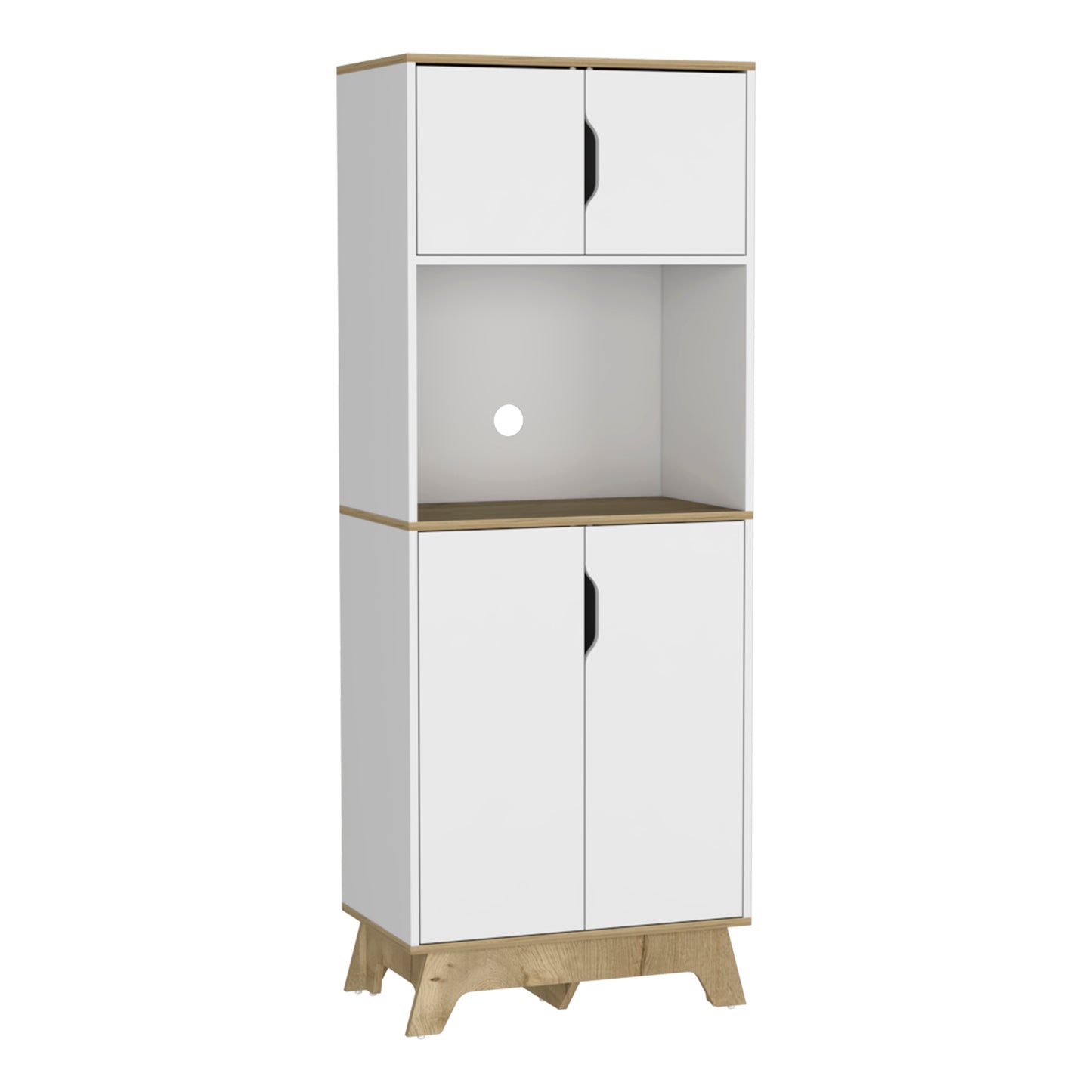 White and oak kitchen cabinet with open shelf and two doors