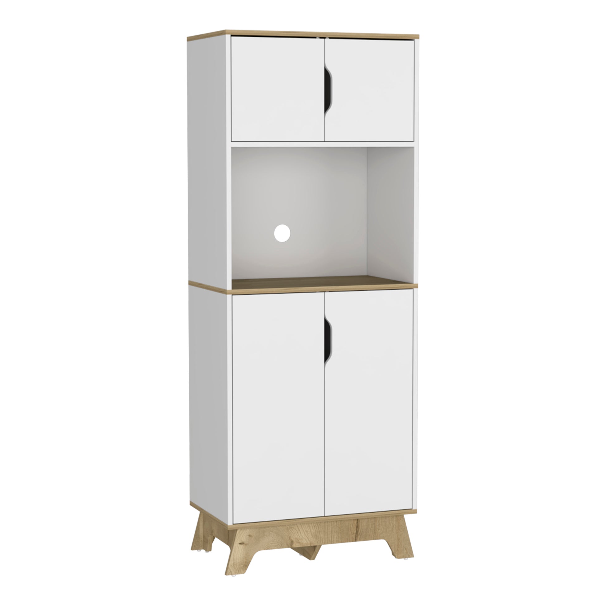 White and oak kitchen cabinet with open shelf and two doors