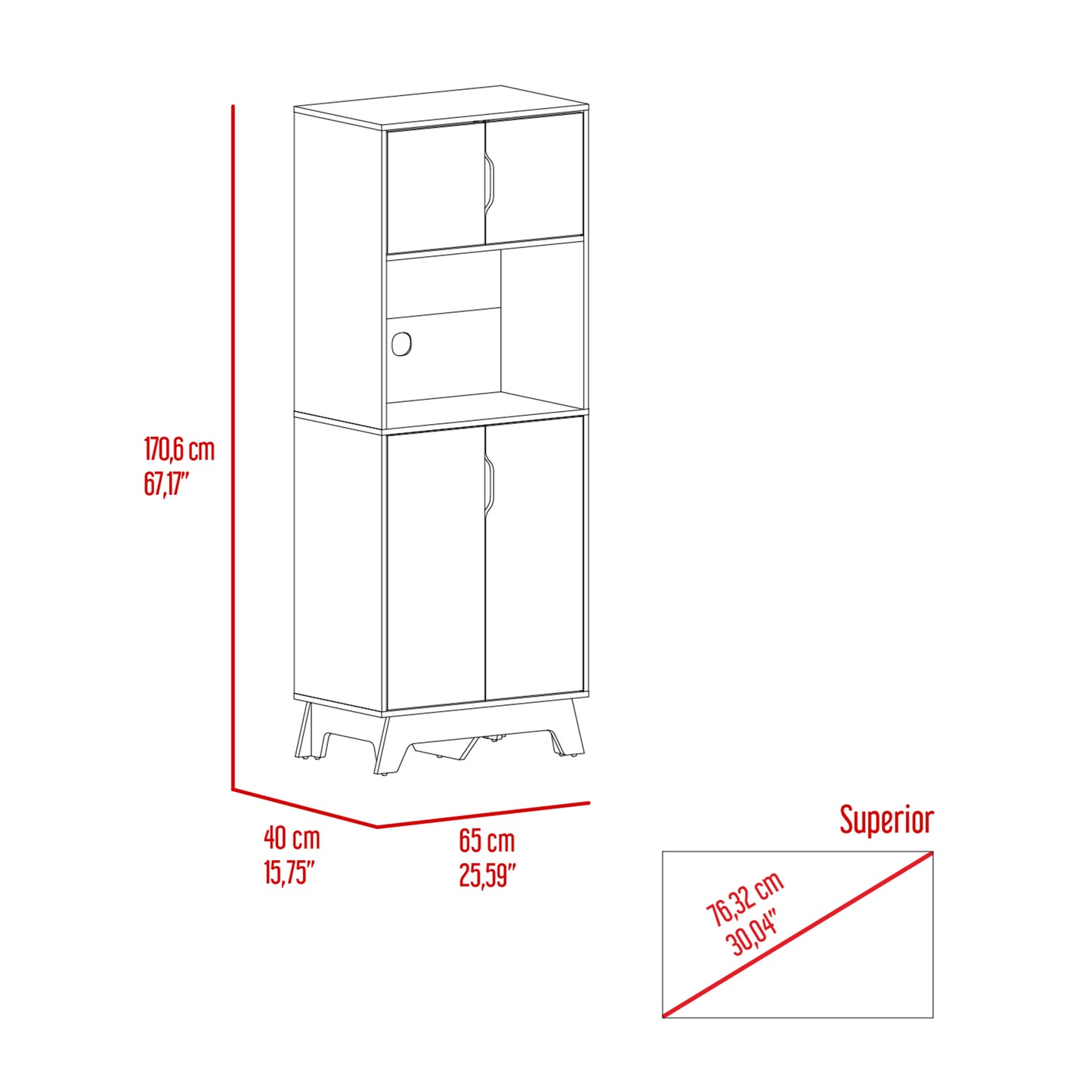 White tall narrow bookcase with two doors below and open shelves above