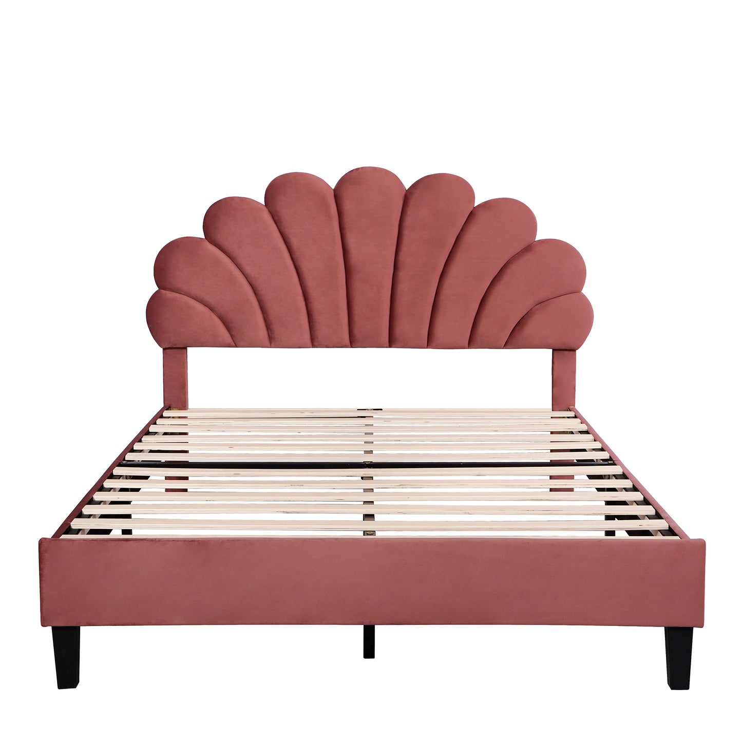 Dusty rose velvet bed frame with scallop headboard
