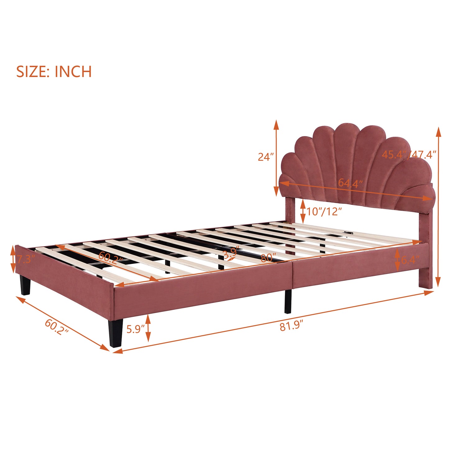Rose velvet platform bed with scalloped headboard and wood slats