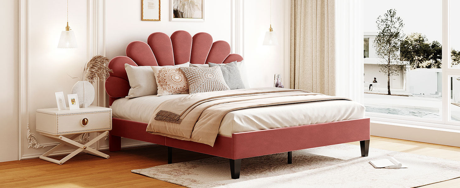 Rose velvet bed frame with scalloped headboard and dark wood legs queen size