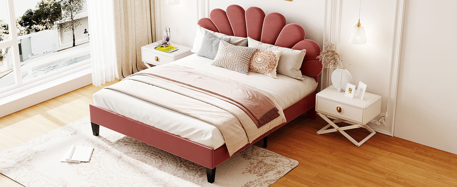 Coral velvet bed frame with scalloped headboard for bedroom decor