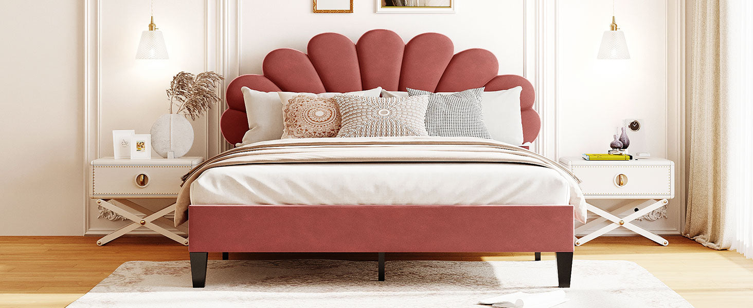 Rose velvet petal headboard queen bed with white bedding and pillows