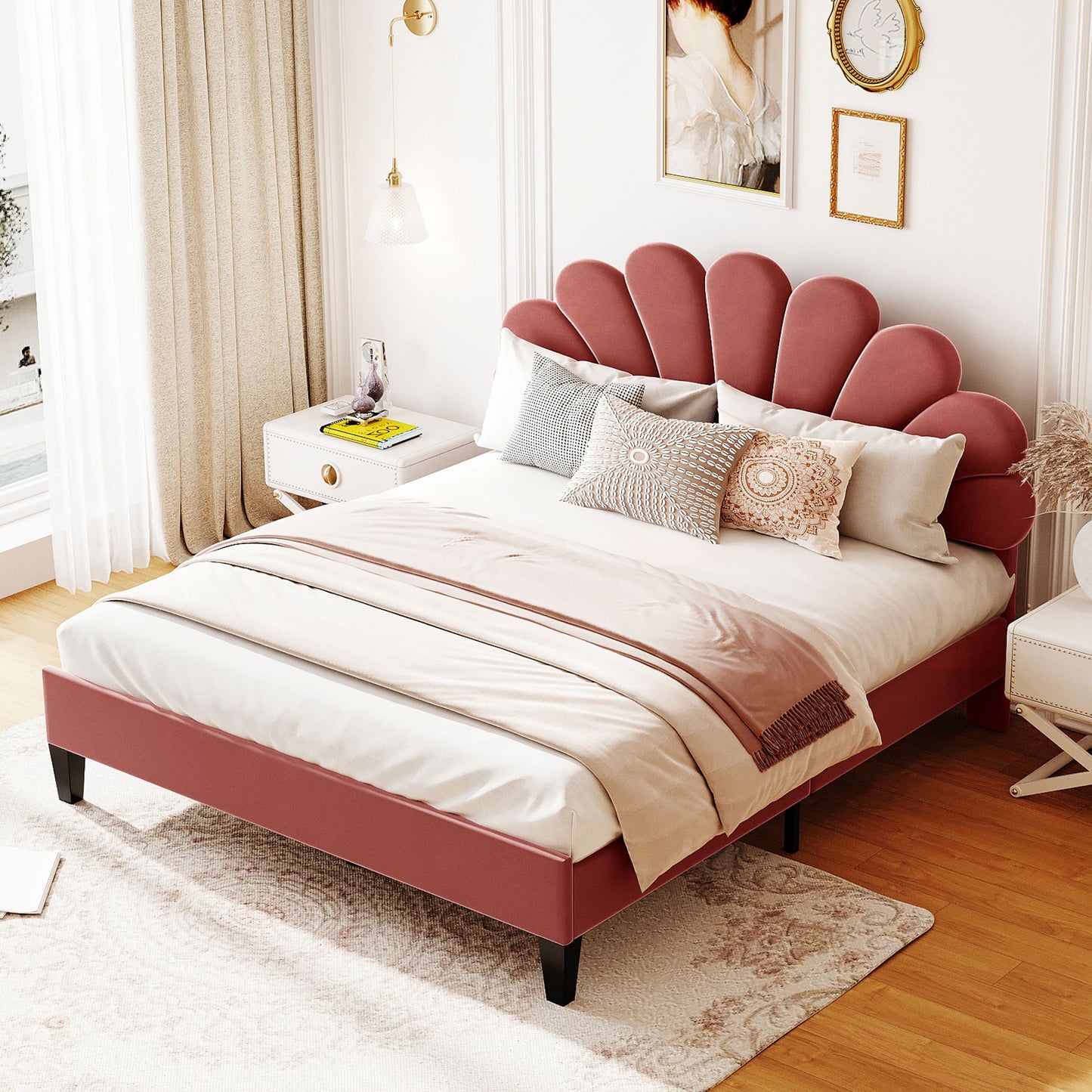 Petalshaped velvet headboard bed in dusty rose