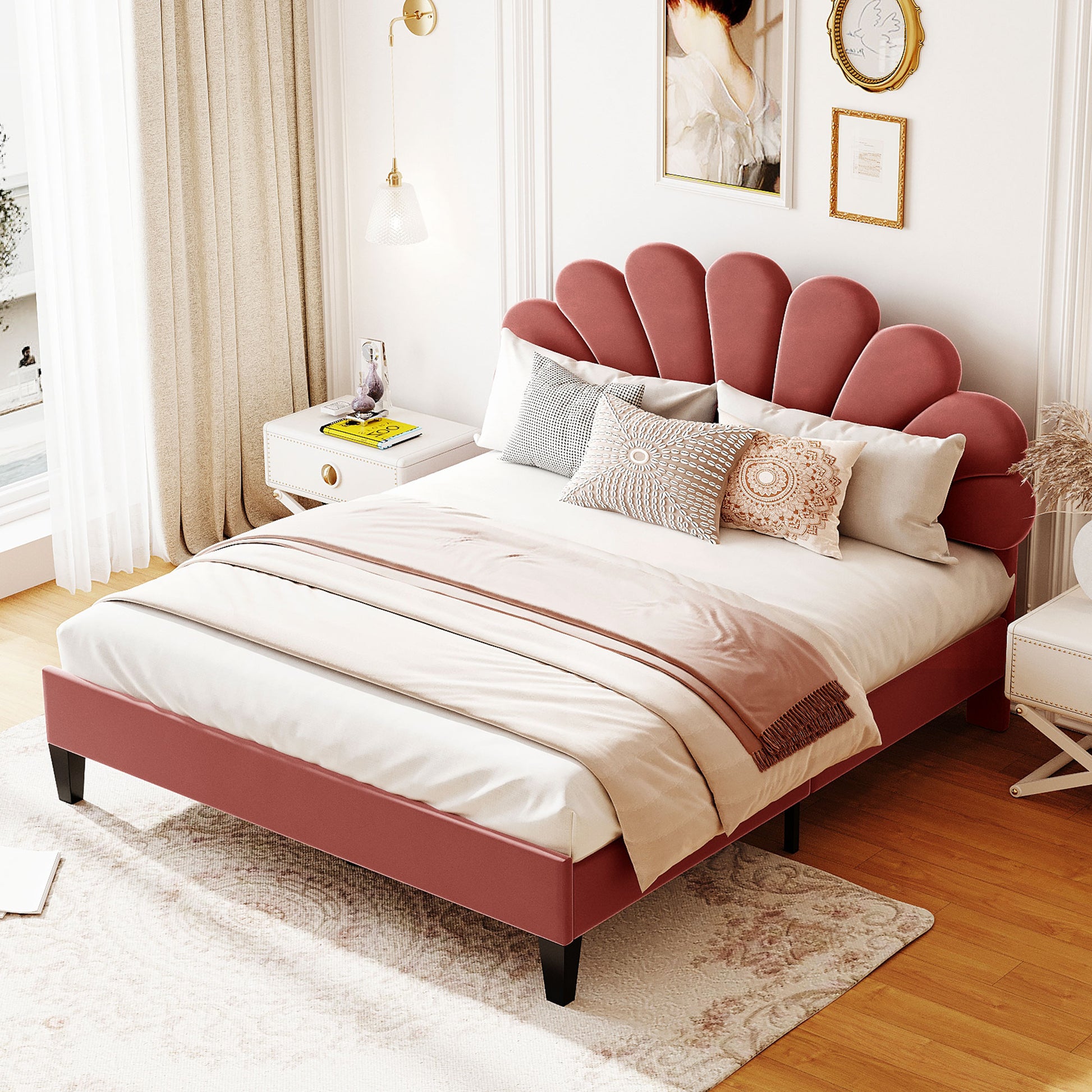 Petalshaped velvet headboard bed in dusty rose