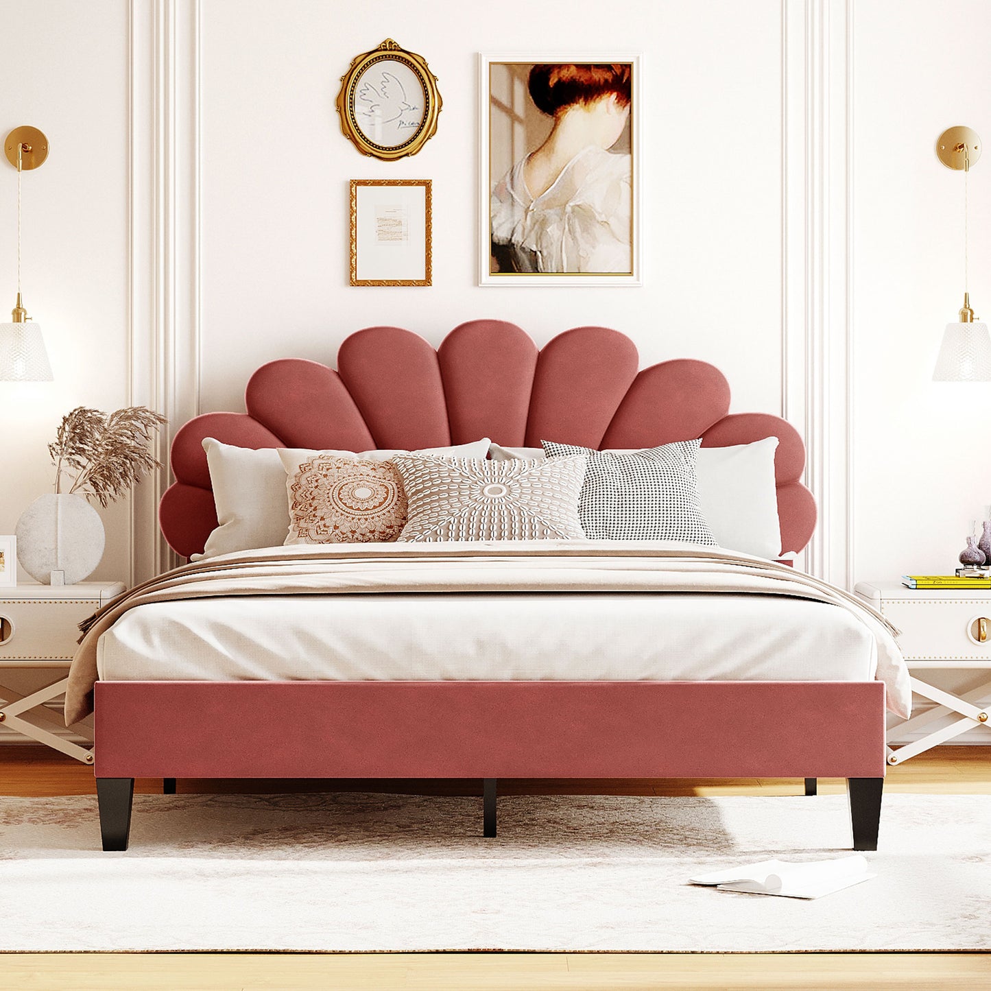 Dusty rose velvet platform bed with a scalloped headboard