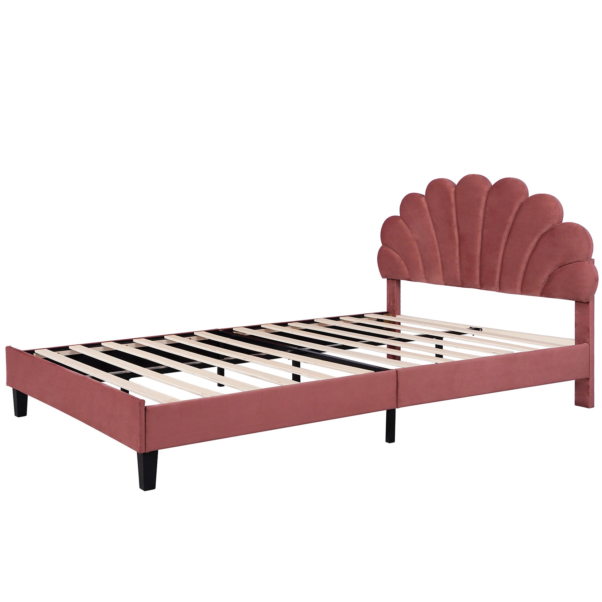 Rose velvet twin bed frame with scalloped headboard