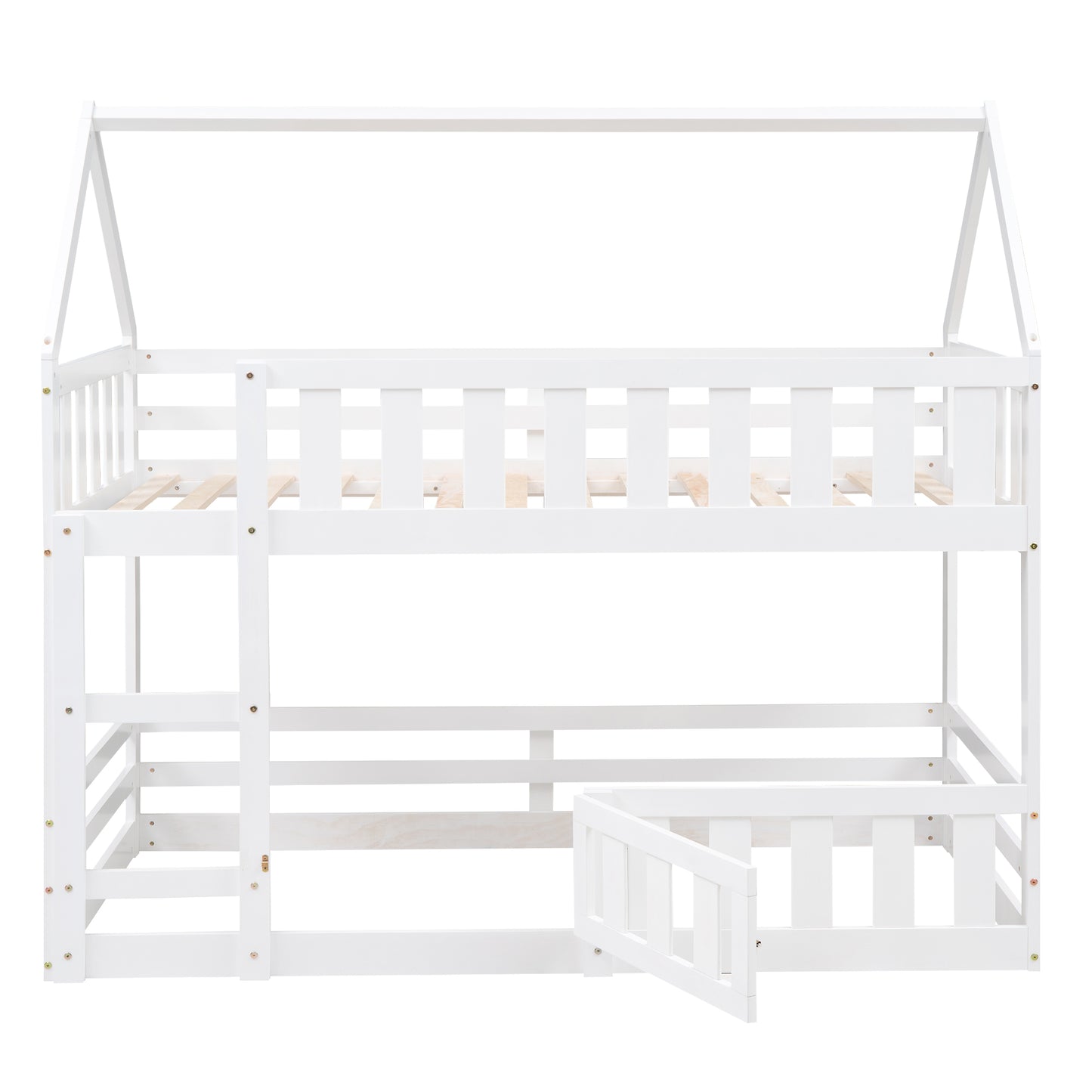 White wooden twin over twin bunk bed with house frame