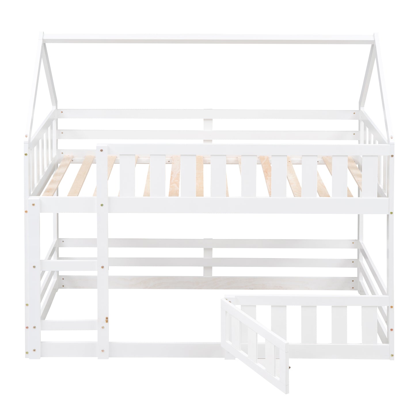White wooden twin over twin bunk bed with house frame and ladder