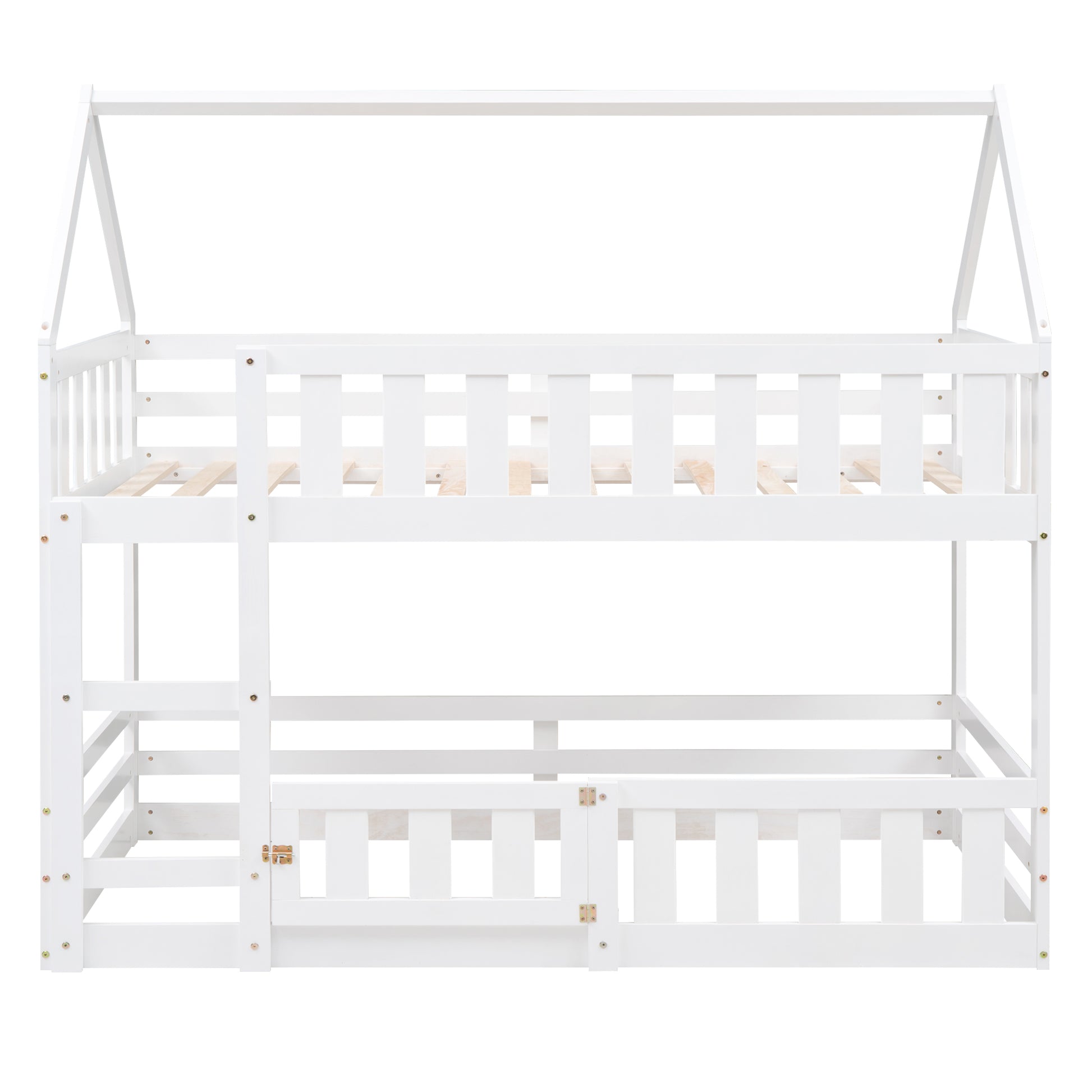 White wooden twin over twin bunk bed with house frame design