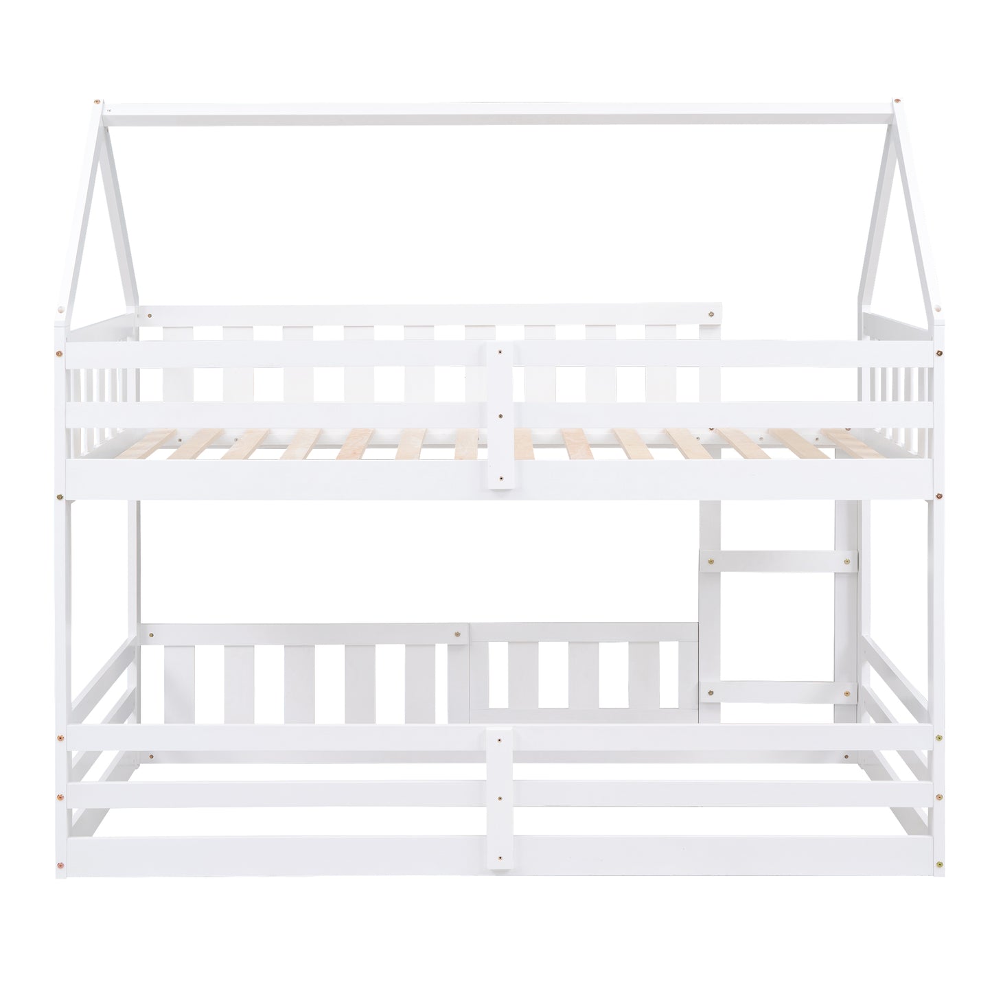 White wooden twin over twin bunk bed with house frame