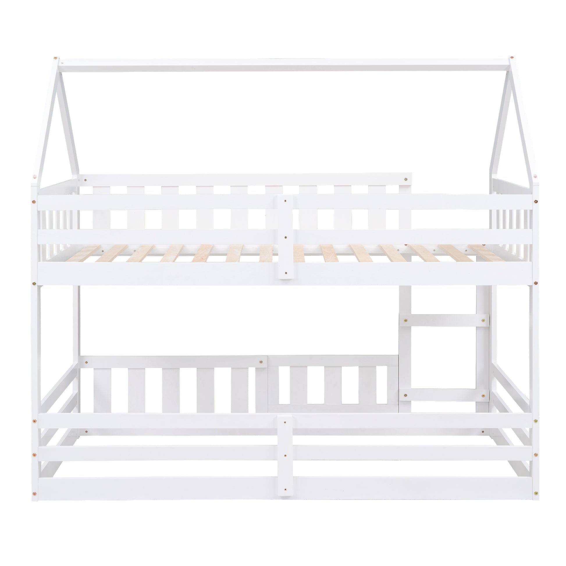 White wooden twin over twin bunk bed with house frame