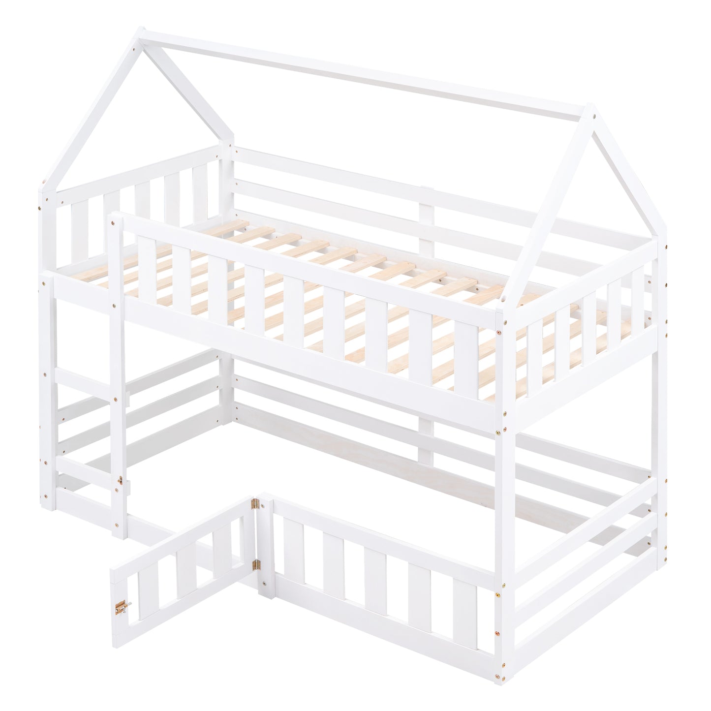 White wooden twin over twin bunk bed with house frame and safety gate