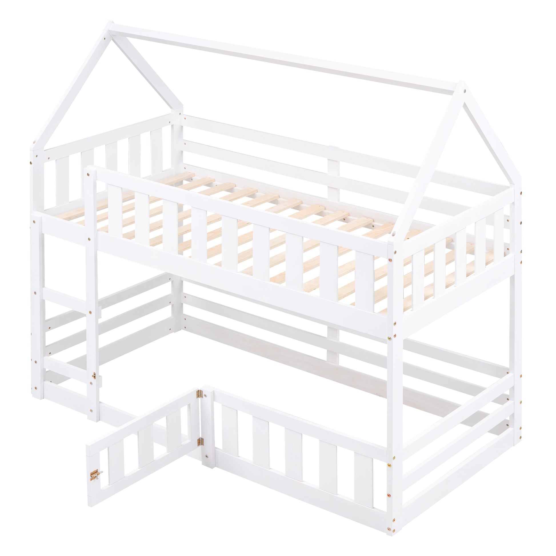 White wooden twin over twin bunk bed with house frame and safety gate