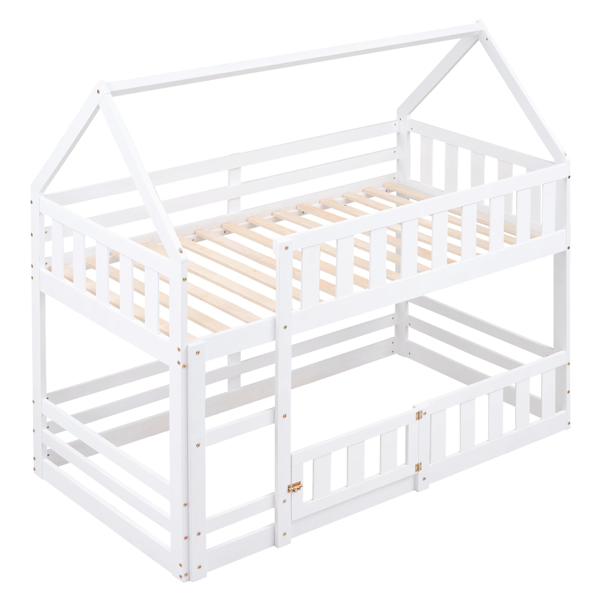 White wooden twin over twin house bunk bed with slatted headboard and footboard