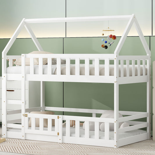 White wooden house bunk bed with solar system mobile