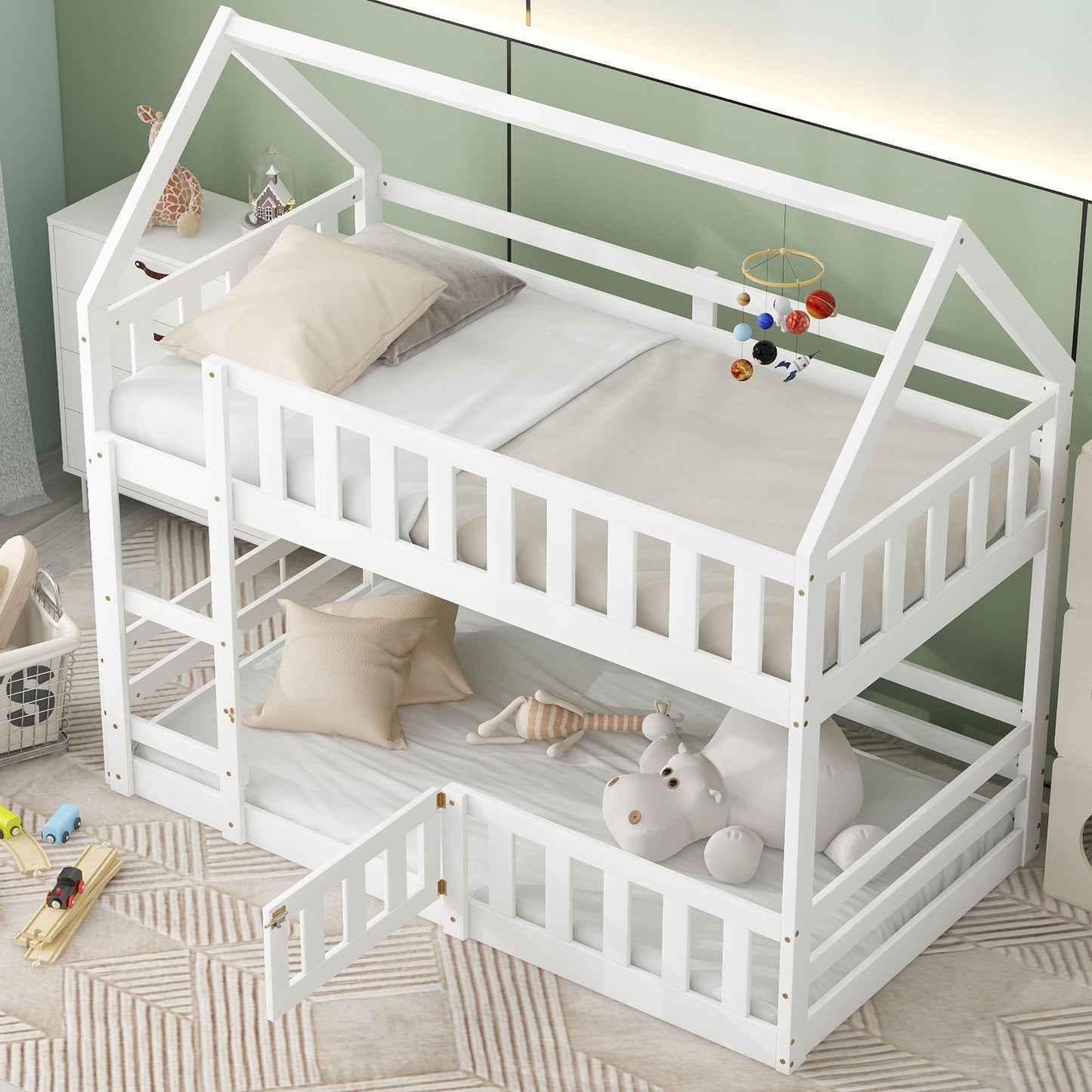 White wooden house bunk bed with ladder and railings