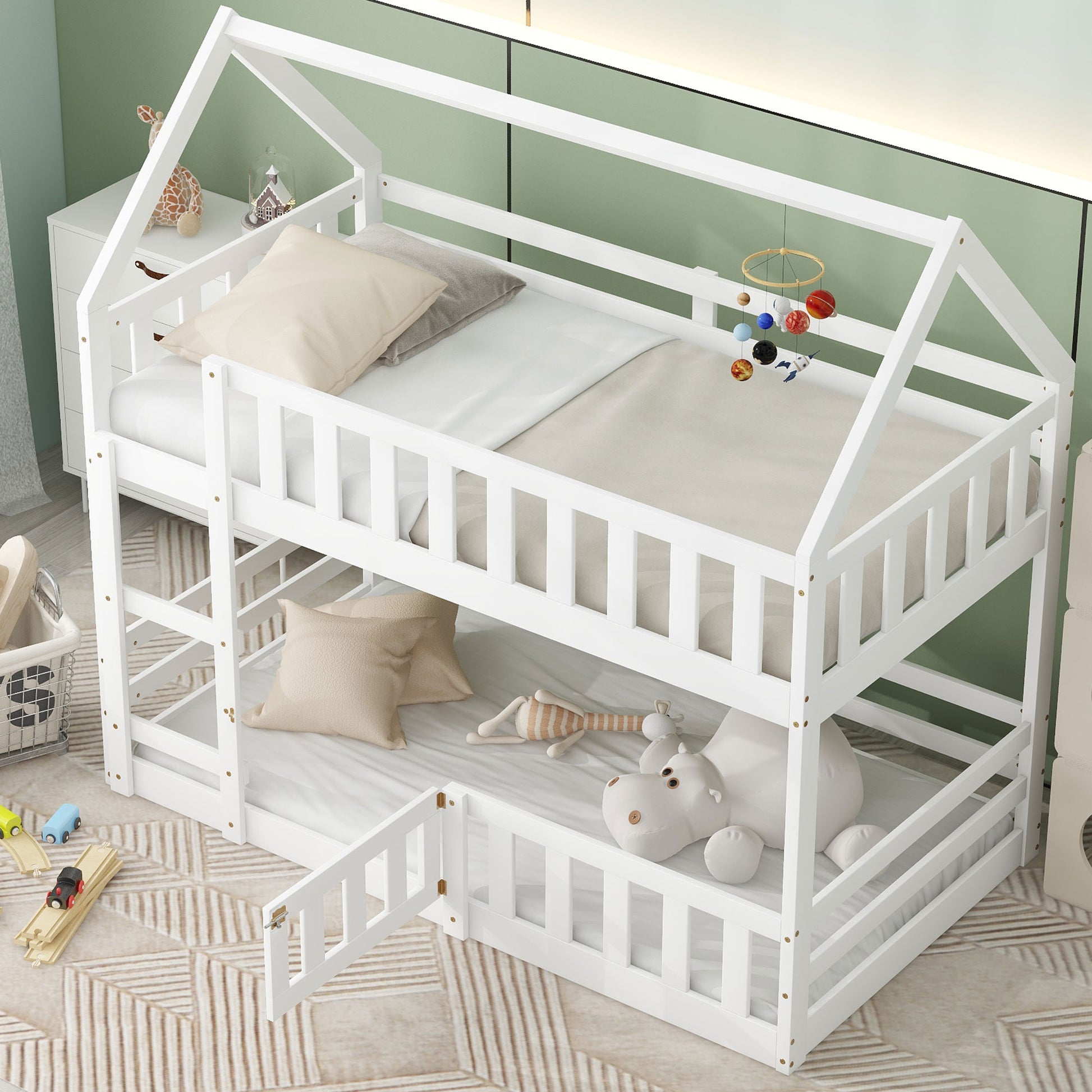 White wooden house bunk bed with ladder and railings