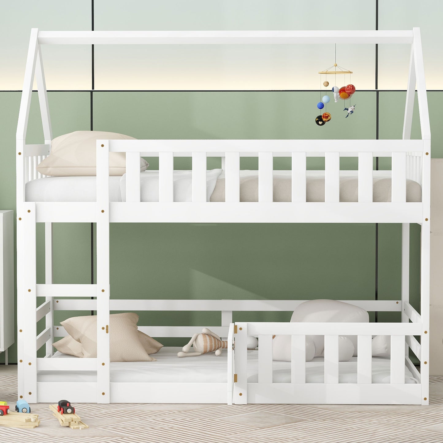 White wooden house bunk bed with planet mobile