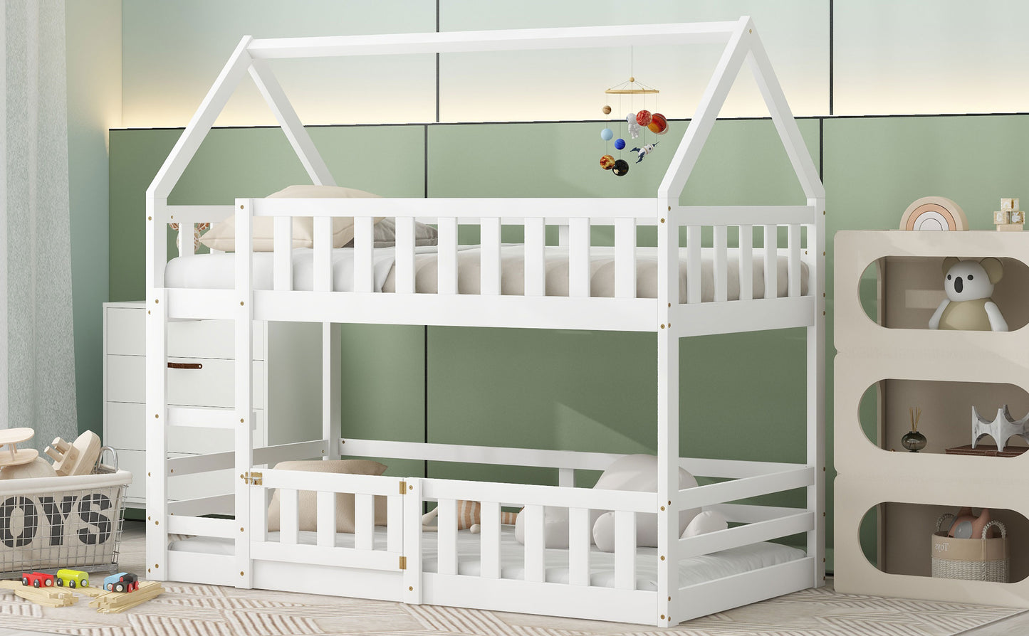 White wooden twin over twin bunk bed with house frame