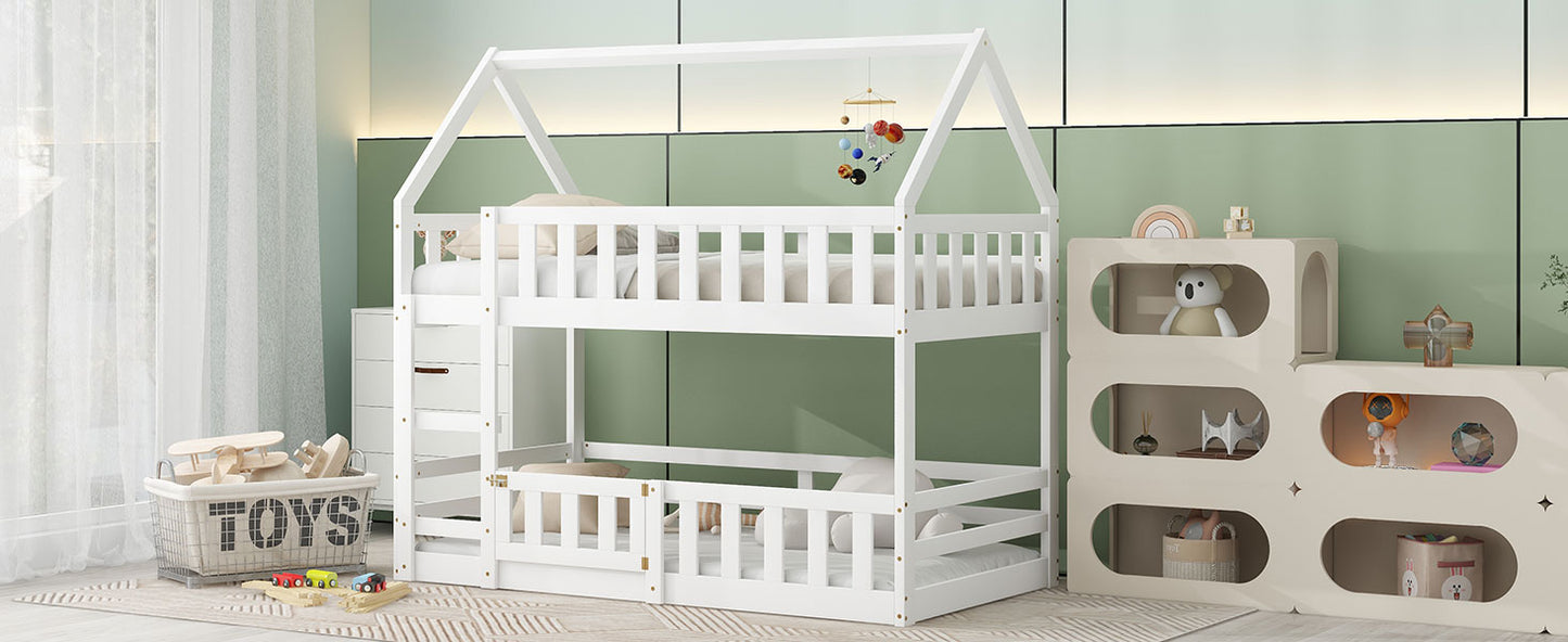 White wooden bunk bed with house frame design for kids