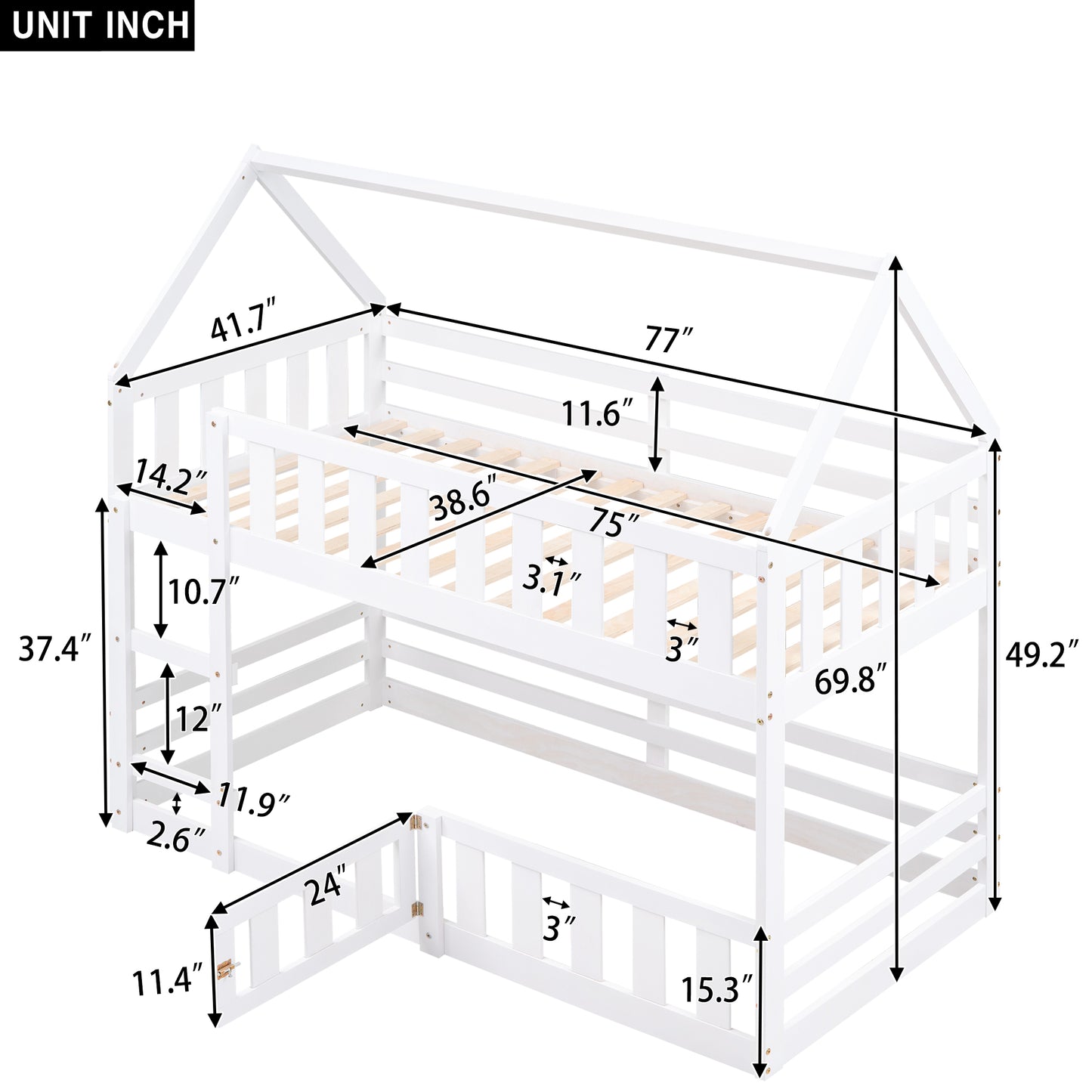 White wooden twin over twin bunk bed with dimensions