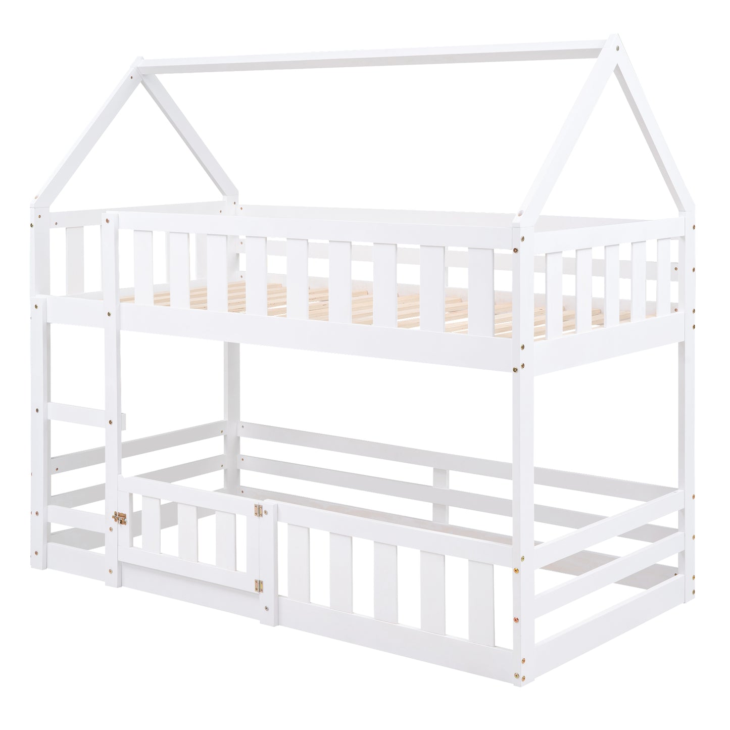 White wooden twin over twin house bunk bed with slatted base and safety rails