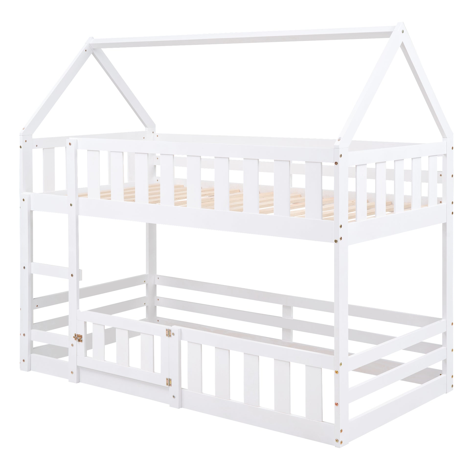 White wooden twin over twin house bunk bed with slatted base and safety rails