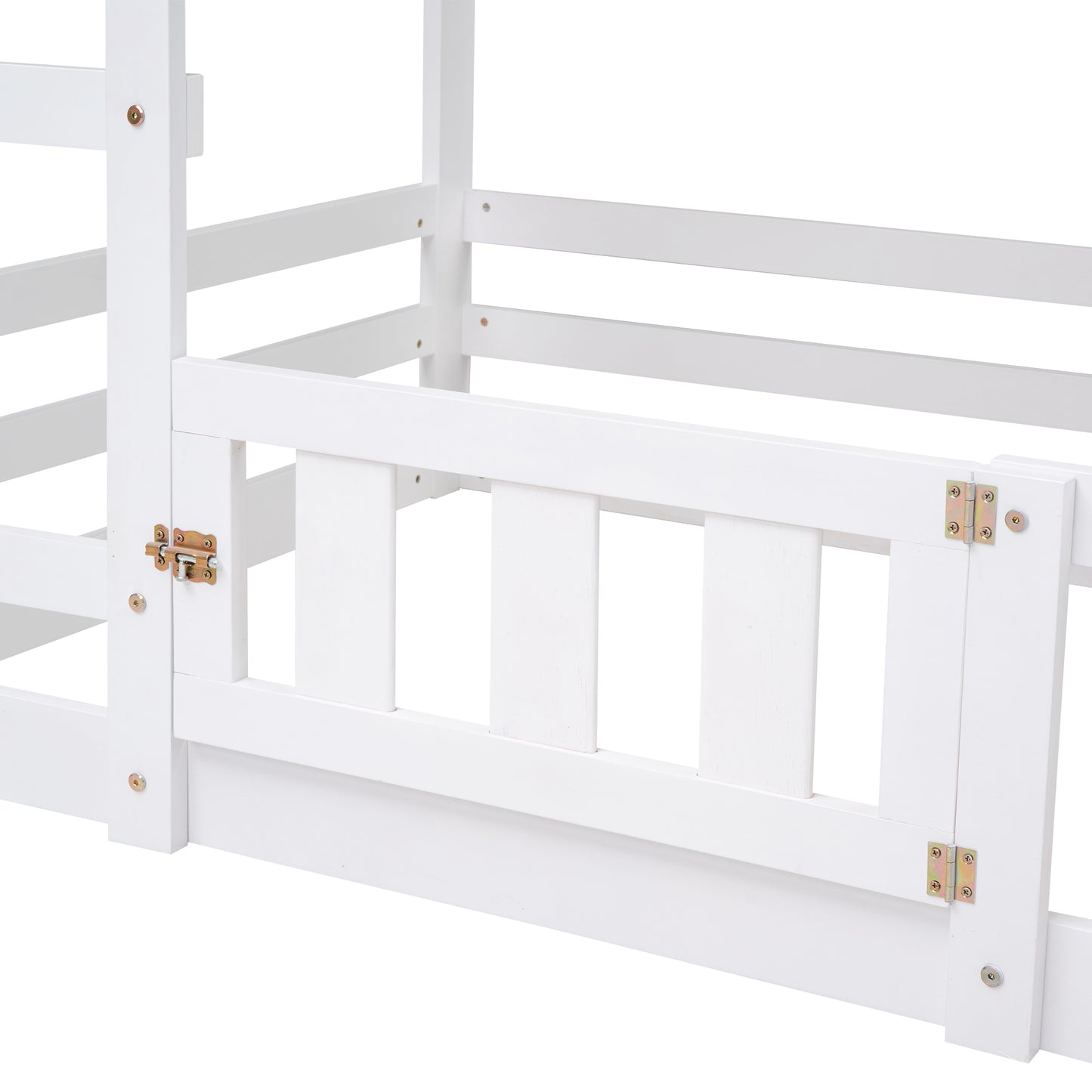 White wooden bunk bed guard rail with brass latch