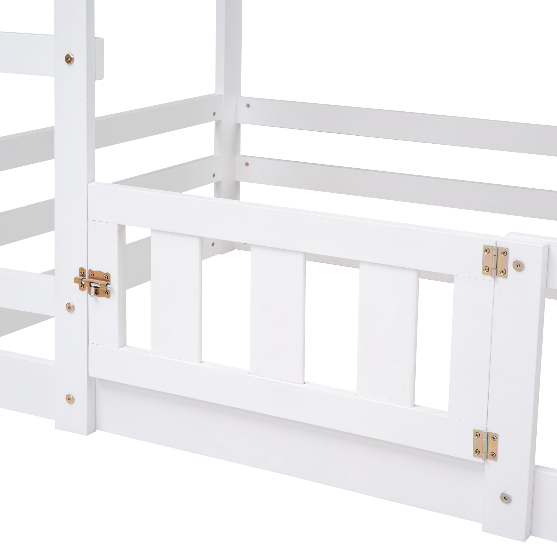 White wooden bunk bed guard rail with brass latch