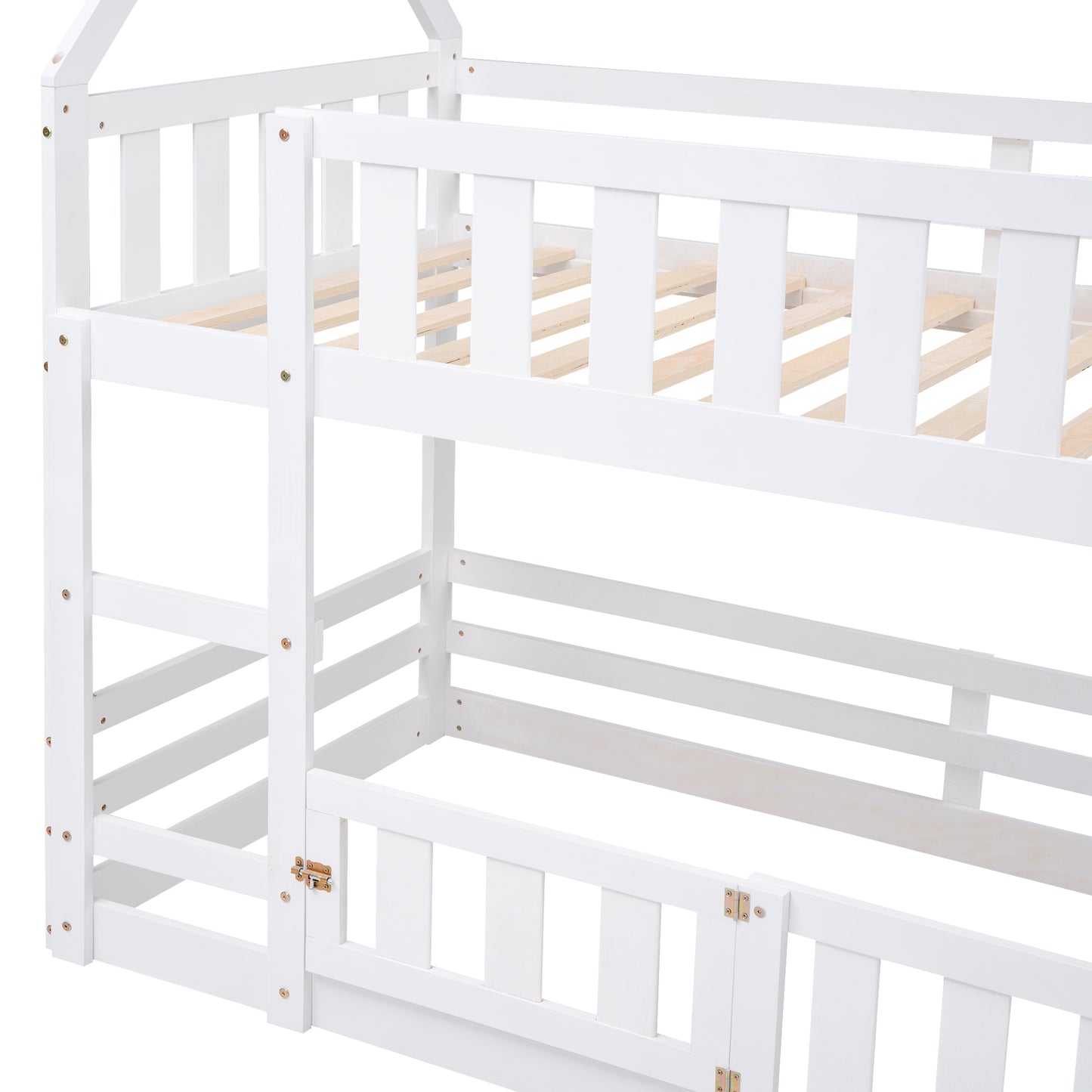 White wooden bunk bed frame with slatted base