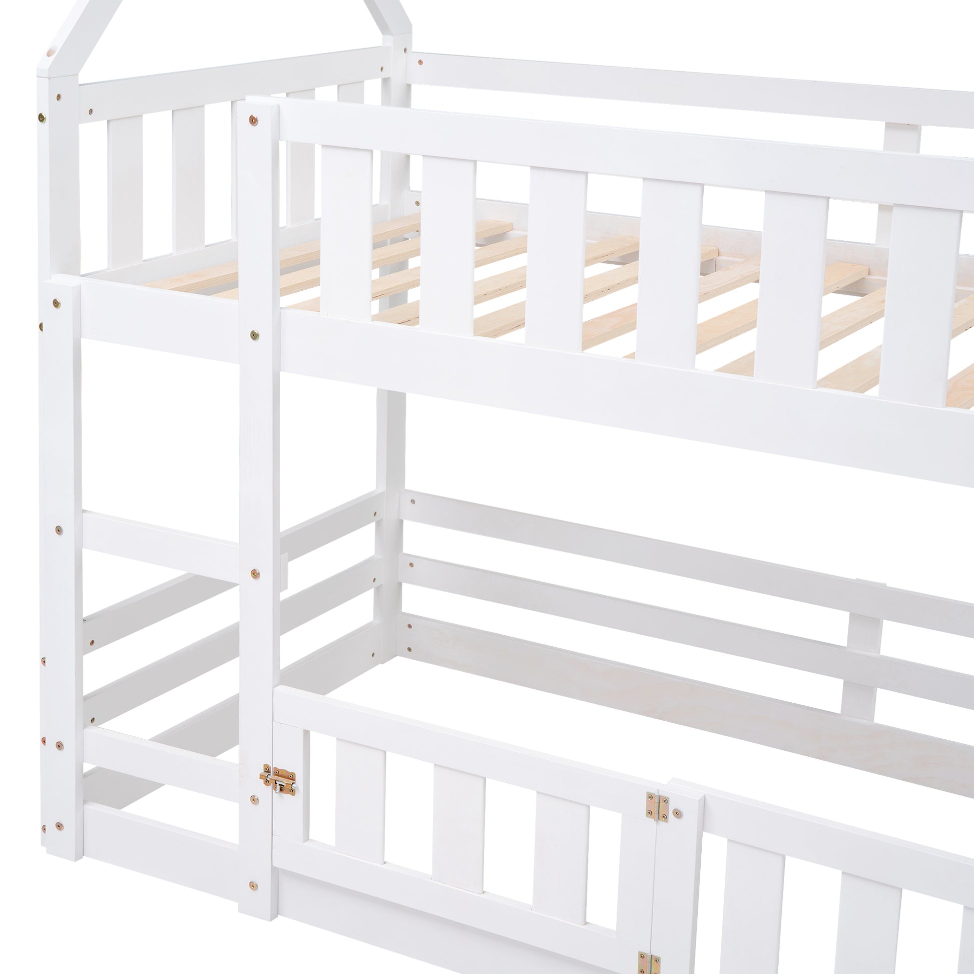 White wooden bunk bed frame with slatted base