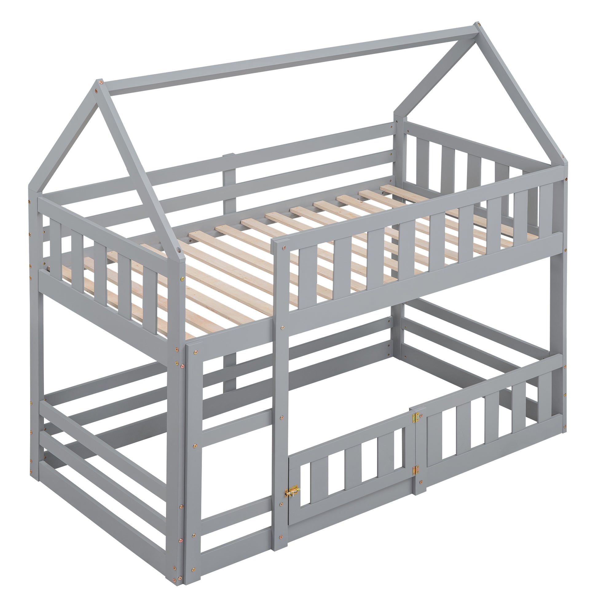 Gray wooden house bunk bed with slatted mattress supports