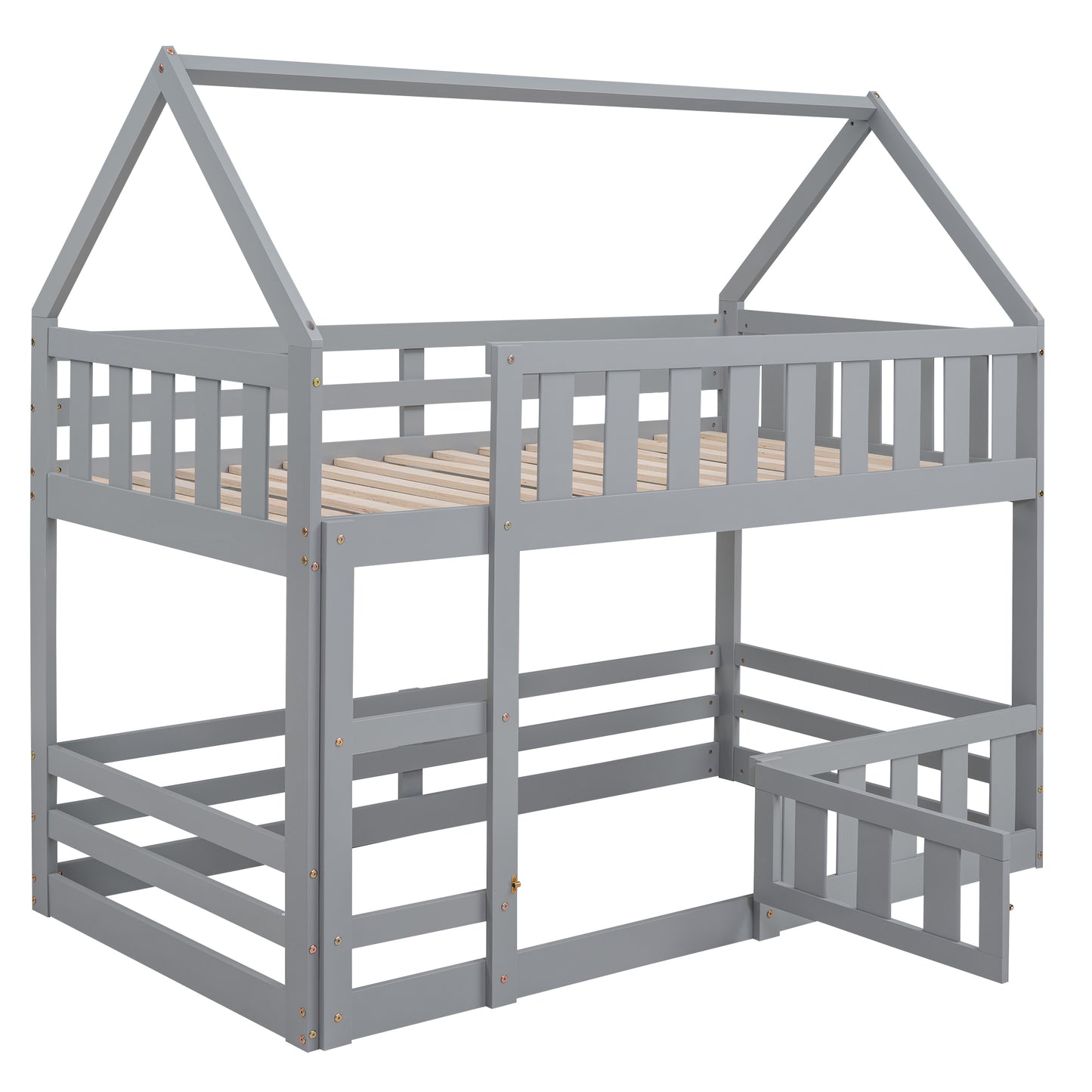 Gray wooden house bunk bed with guardrails and slatted mattress support