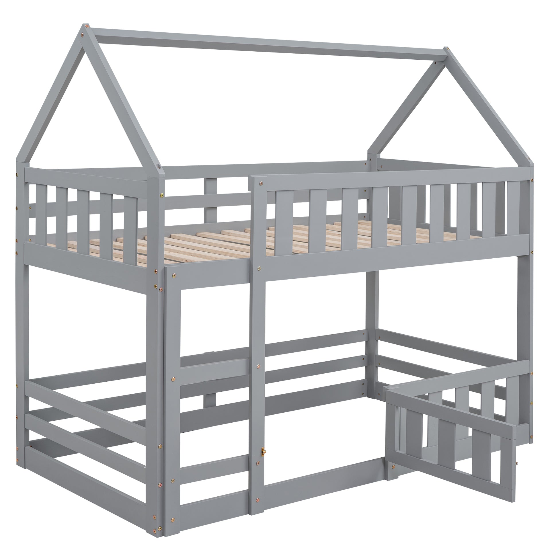 Gray wooden house bunk bed with guardrails and slatted mattress support